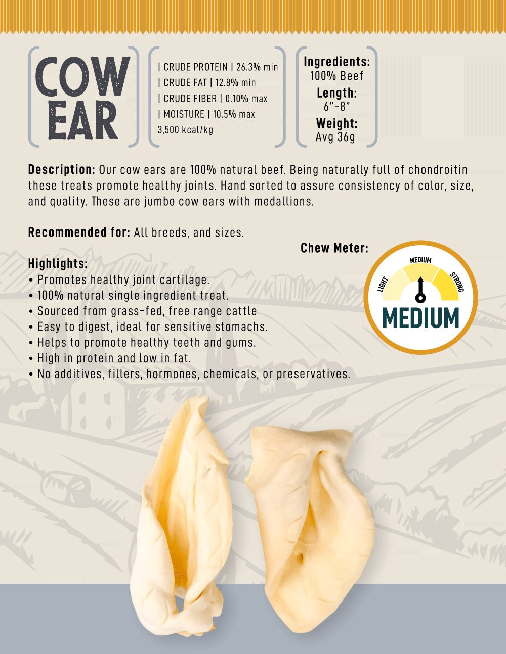 Country Living All-Natural Cow Ear Dog Treats – Single-Ingredient Chews – (25/Case)