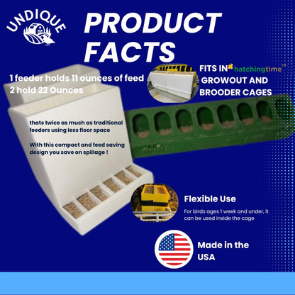 Front-Slot Quail Feeder Pair, Adjustable Spill-Resistant Design, for Hatching Time Chimuka Cage Systems, Made in USA