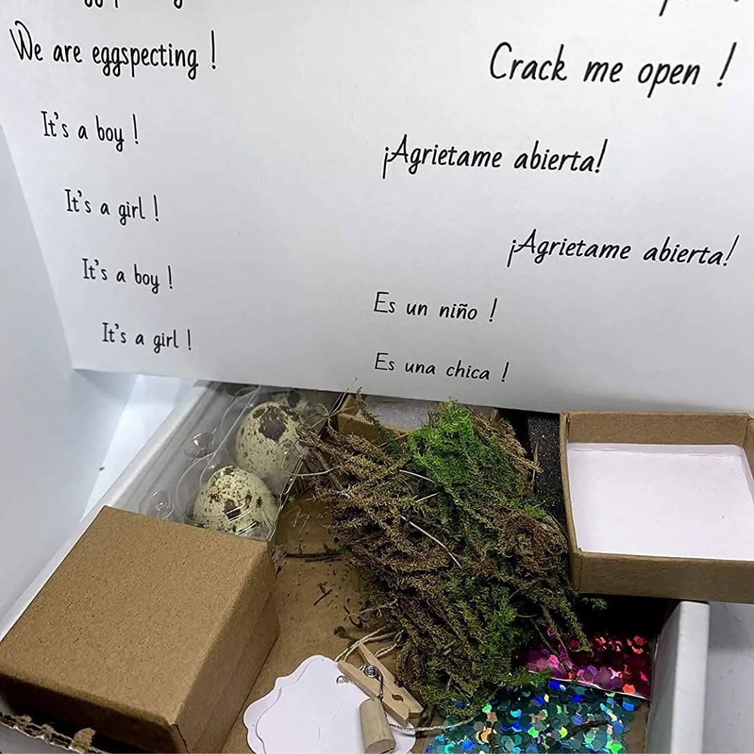 Gender Reveal Ideas: Quail Egg Pregnancy Announcement Kit for Family - Creative Baby Shower Activities & Memorable Baby's Gender Reveal comes with 3 Hollow Quail eggs, glitter, and a craft box