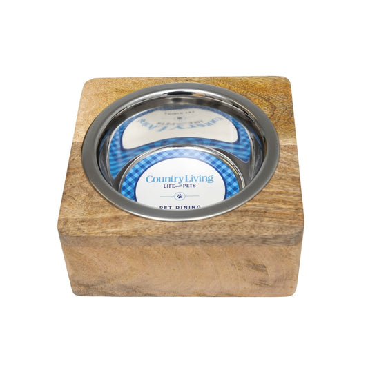 Country Living Elegant Stainless Steel Dog Bowl with Square Mango Wood Holder – 1 Quart