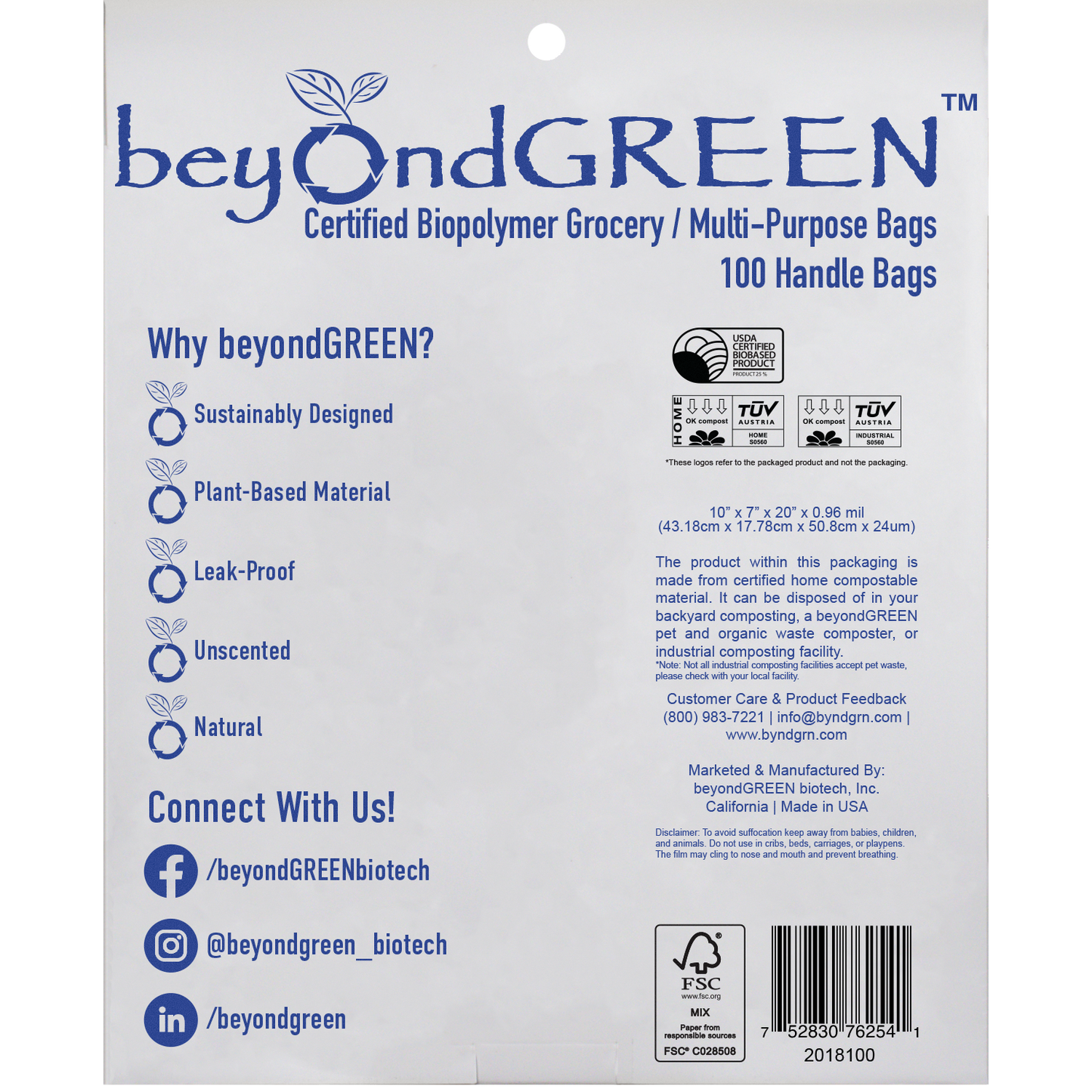 Plant-Based Large Food Safe Multi-Purpose Bags with Handles – 100 Bags