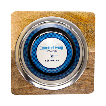 Country Living Elegant Stainless Steel Dog Bowl with Square Mango Wood Holder – 1 Quart