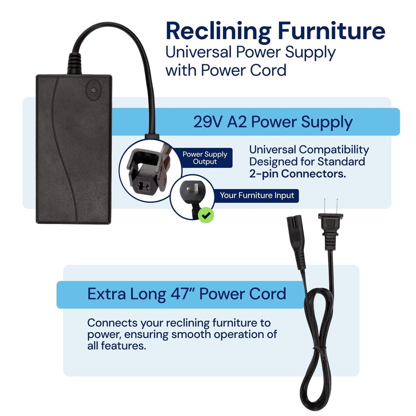 Universal Recliner Power Cord Replacement (2-Pin Adapter)