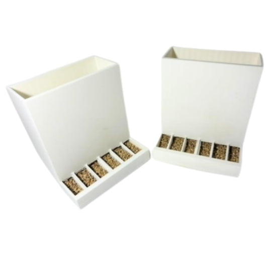 Front-Slot Quail Feeder Pair, Adjustable Spill-Resistant Design, for Hatching Time Chimuka Cage Systems, Made in USA