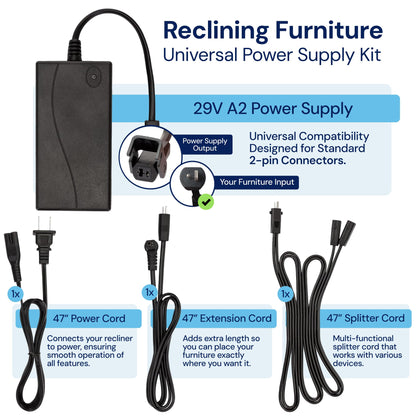 Universal Recliner Power Cord Replacement (2-Pin Adapter)
