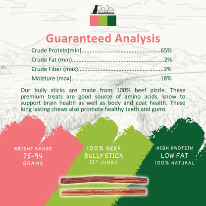 All-Natural Beef Bully Stick Dog Treats, Single Ingredient Dog Chews – 12-Inch Jumbo (2-Pack)