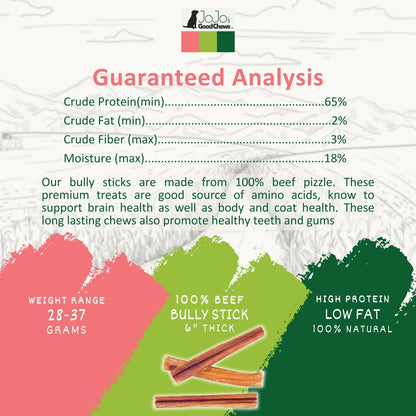 All-Natural Beef Bully Stick Dog Treats, High Protein & Long-Lasting Chews – 6-Inch Thick (25/case)