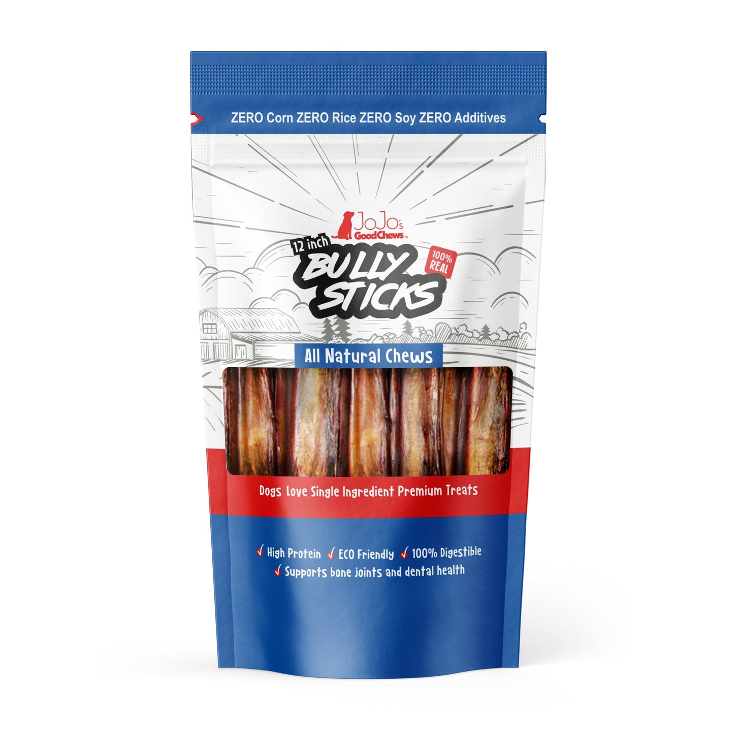 All-Natural Beef Bully Stick Dog Treats, Single Ingredient Dog Chews – 12-Inch Jumbo (2-Pack)