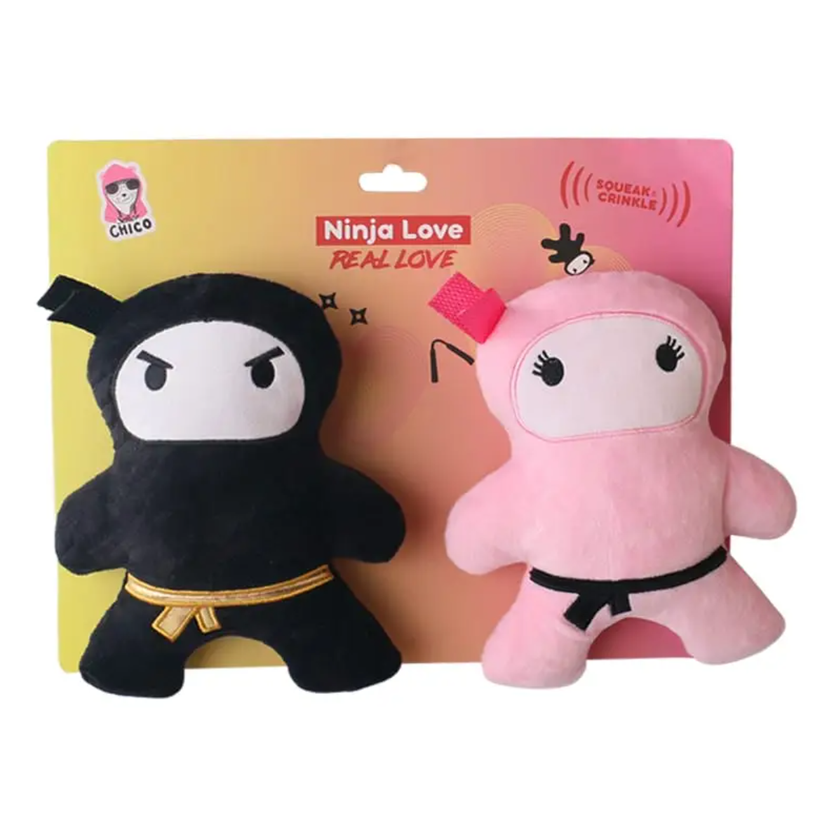 Pink & Black Ninja Love Plush Dog Toy Gift Set – with Squeaker & Crinkle Paper for Fun Play