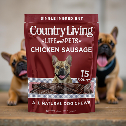 Country Living 4”-5” Beef Flavored Chicken Sausage Dog Treats – 15 Count Bag – Soft & Chewy, High-Protein Training & Reward Treats – Grain-Free, No Artificial Flavors or Preservatives