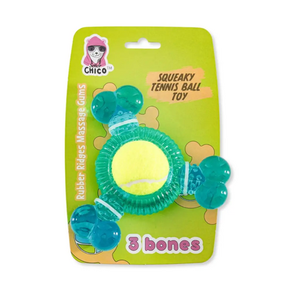 3-Bone TPR Chew Toy with Squeaker & Tennis Ball for Dogs – Removable Ball & Interactive Play