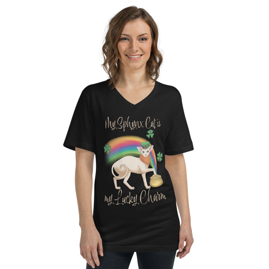 "MY SPHYNX CAT IS MY LUCKY CHARM" - V-NECK UNISEX TEE
