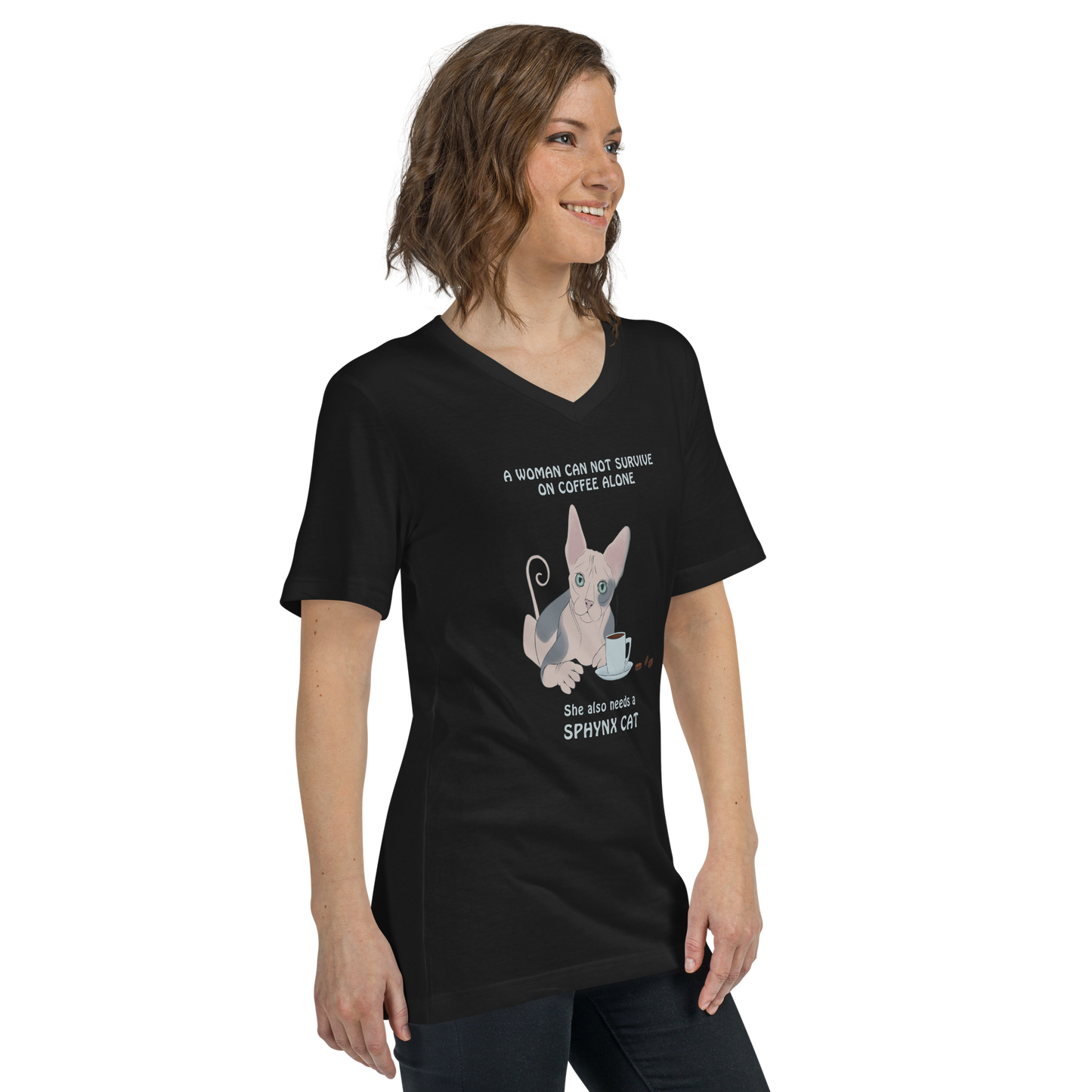 "WOMAN CAN'T SURVIVE ON COFFEE ALONE" WOMAN'S V-NECK TEE