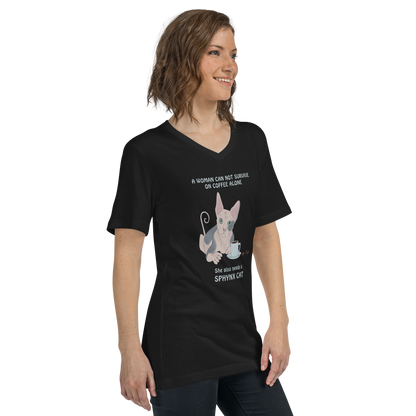 "WOMAN CAN'T SURVIVE ON COFFEE ALONE" WOMAN'S V-NECK TEE